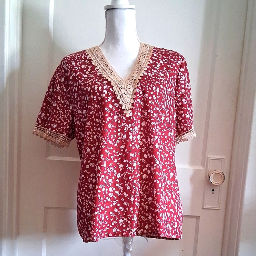 Floral Blouse With Embroidered Neck Line And Sleeves